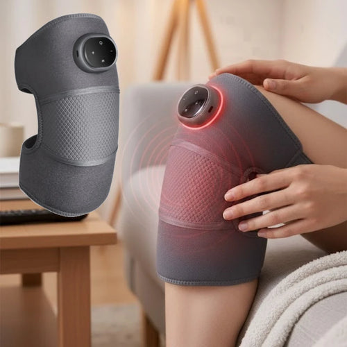 Masajeador de rodilla TIBIA con calor y vibración, vista frontal completa sobre fondo claro
