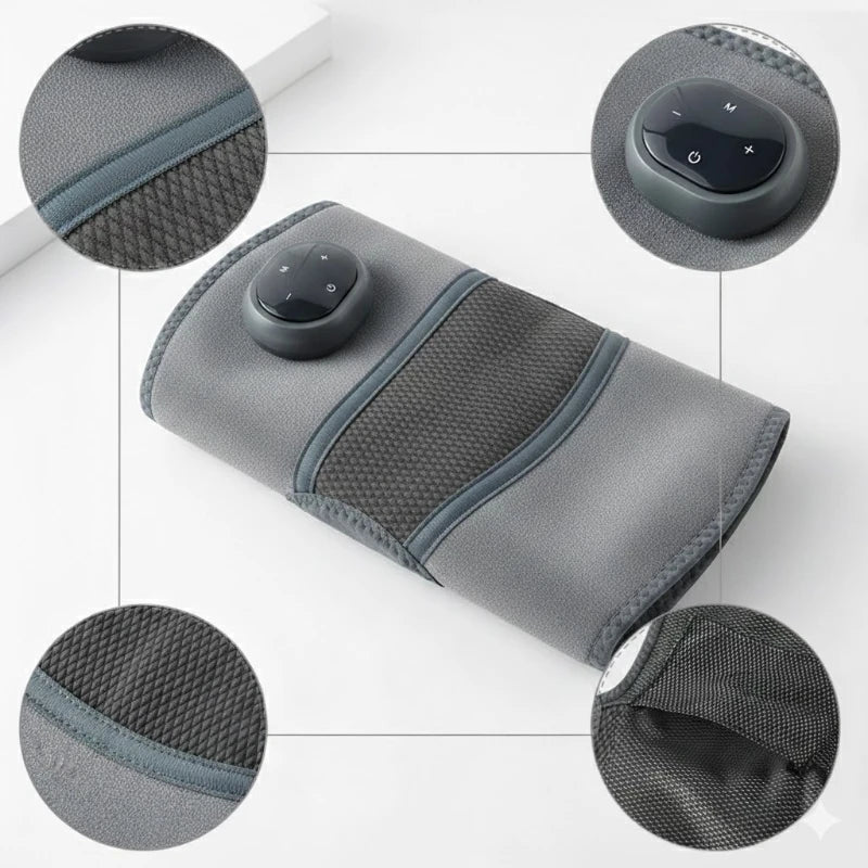 Persona usando el masajeador de rodilla colocado y ajustado con sus correas de velcro mientras descansa en el sillón