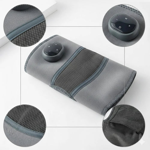 Persona usando el masajeador de rodilla colocado y ajustado con sus correas de velcro mientras descansa en el sillón