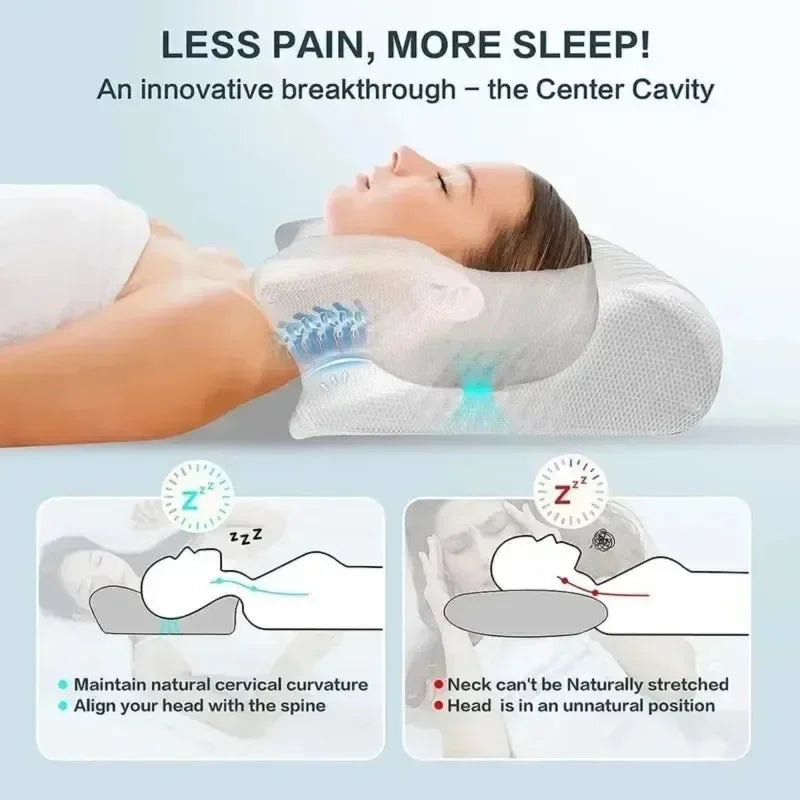 Vista lateral de la almohada cervical mostrando sus dos alturas de apoyo para cuello y cabeza