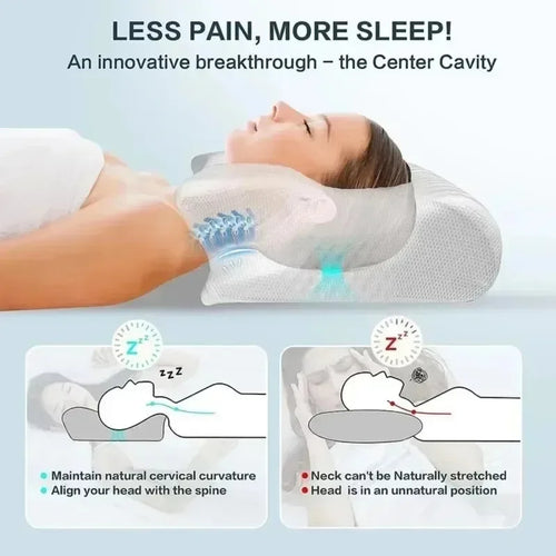 Vista lateral de la almohada cervical mostrando sus dos alturas de apoyo para cuello y cabeza