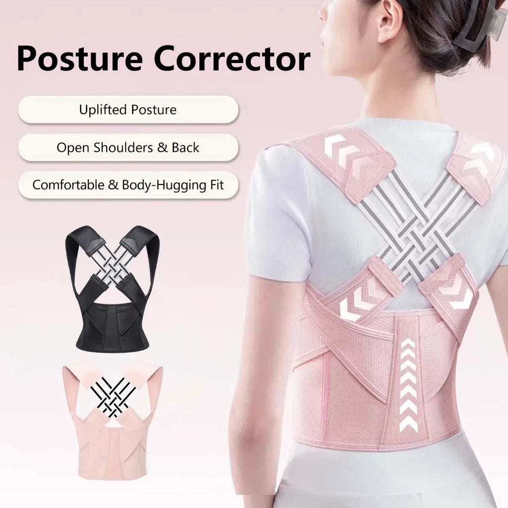 Corrector de postura ajustable TIBIA visto de frente sobre fondo blanco, con tirantes acolchados para los hombros